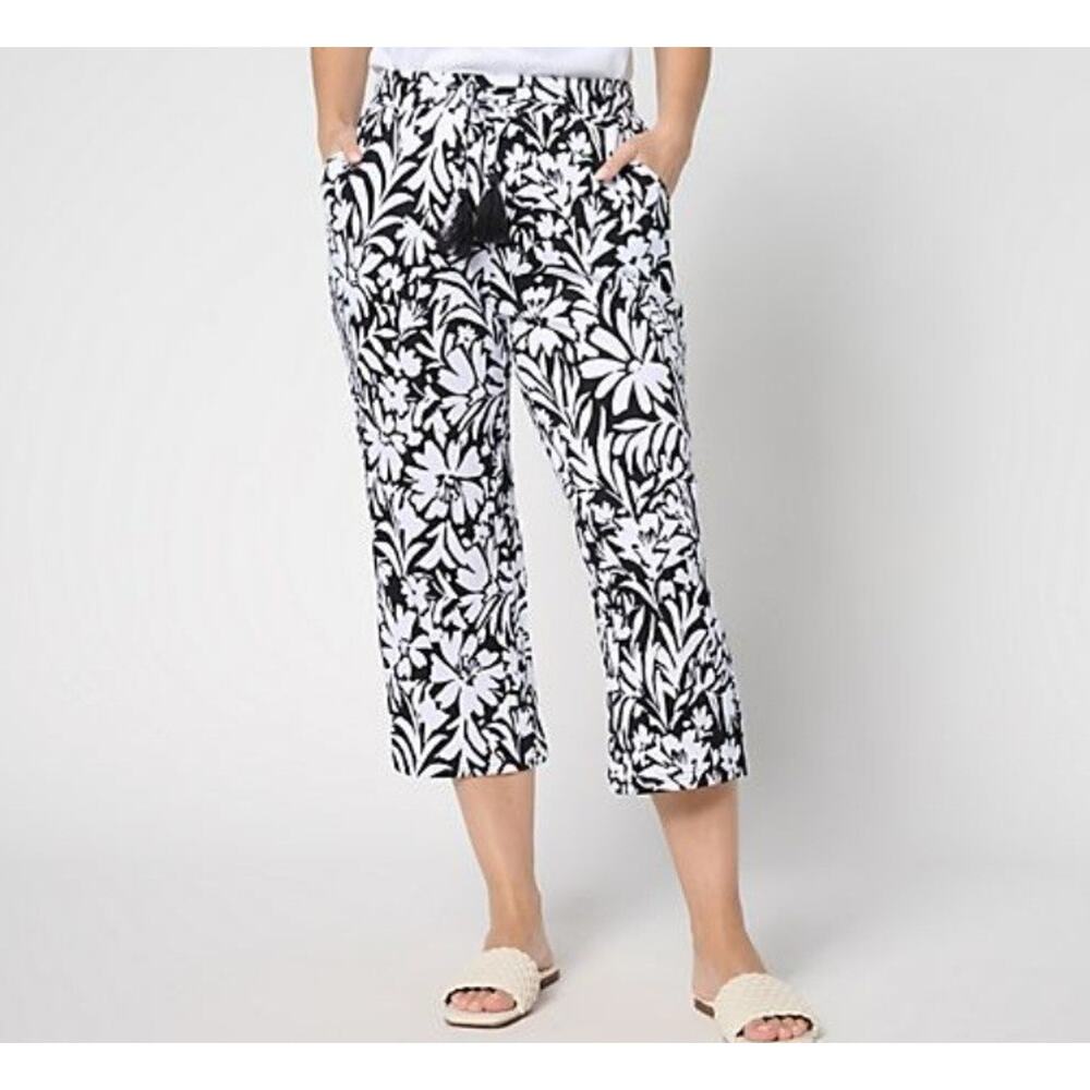 Belle Kim Gravel Size 5X Black & White Floral Cropped Pant A688420 NWOT